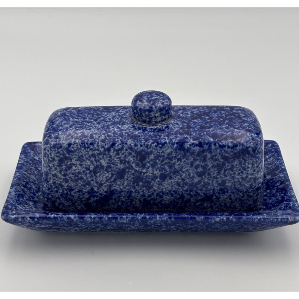 Rowe Pottery Blue Spongeware Butter Dish Covered Stoneware USA ARA Fatmhouse